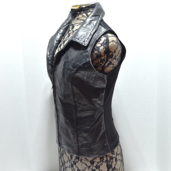Genuine Leather Patchwork Motorcycle Vest Women's L Zip-Up Shiny Mesh Back Biker - Picture 5 of 8